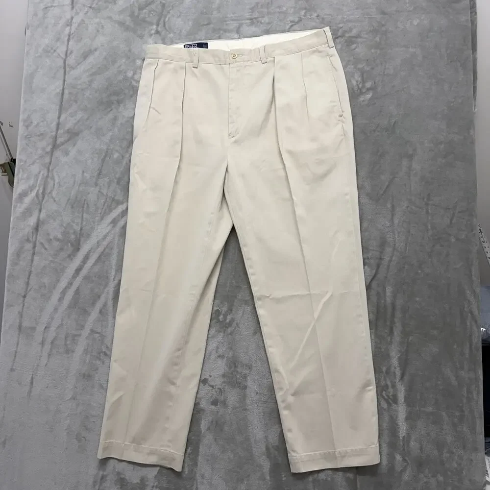 Vintage Polo Ralph Lauren Andrew Pants 40x30 Khaki Pleated Cotton Chino Trousers